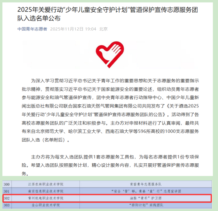 我校学生团队入选团中央2025年全国“少年儿童安全守护计划”管道保护宣传志愿服务团队