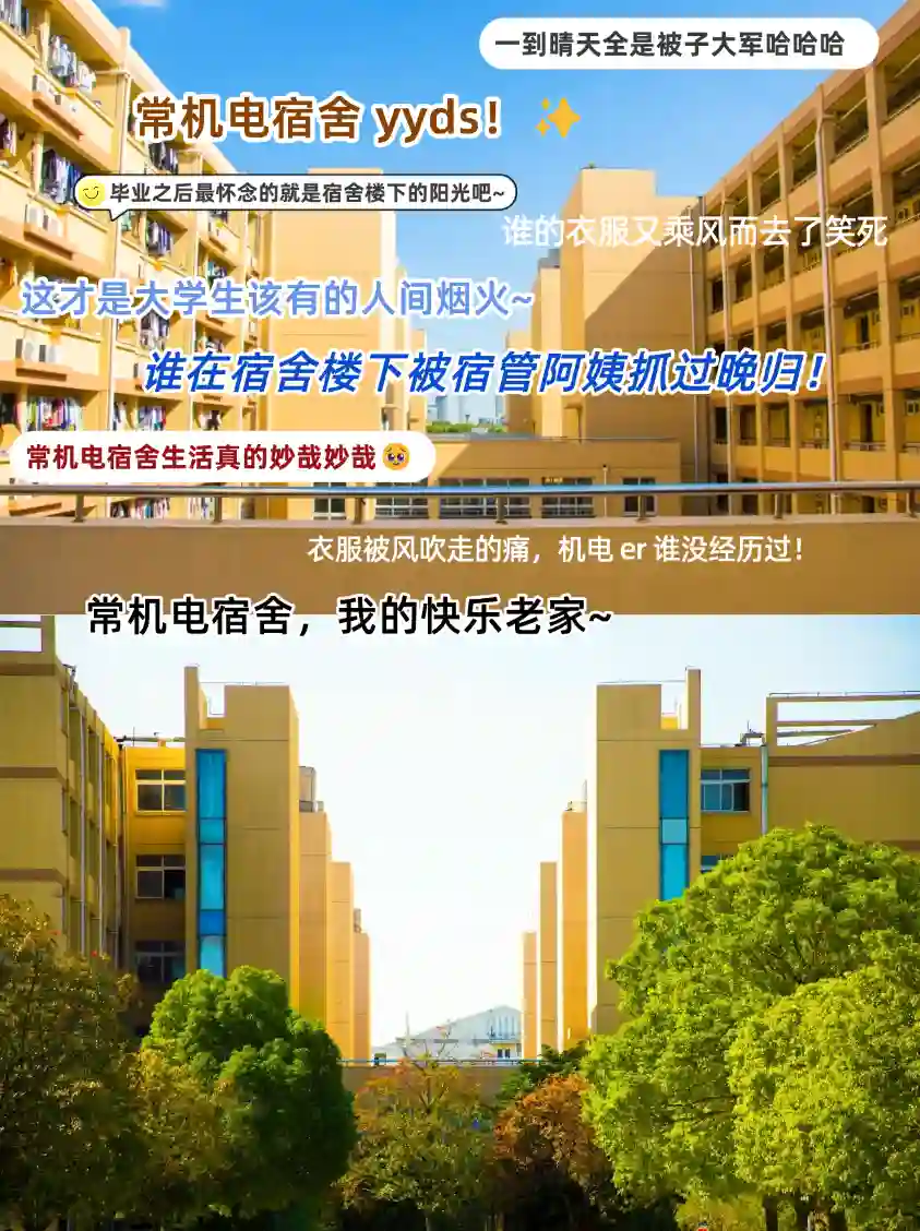 常机电碎片｜假如校园生活缀满弹幕 四季流转 光景常新 在常州机电的日常 若缀满弹幕 便是少年与时光共写的青春散文诗 灯火暖宿舍🏠 “人间烟火，最抚凡人心” 暖风轻扬，藏着岁岁欢喜 繁花缀枝头🌸 “机电的春天，自带浪漫 BGM” 风拂花影，与温柔不期而遇 萌猫闲踱步🐈 “校园治愈官，在线营业啦” 软萌一瞬，融化所有疲惫 匠心筑实训⚙️ “一技在手，未来稳稳在手” 指尖淬炼锋芒，奔赴山海远方 热血燃赛场🏃 “少年迎风跑，热爱永不退场” 汗水闪耀，书写滚烫青春 欢歌聚晚会🎤 “新程启幕，快乐持续加载” 灯火璀璨，赴一场机电之约 这些闪着光的细碎日常 拼凑成我们在常州机电 最鲜活、最动人的青